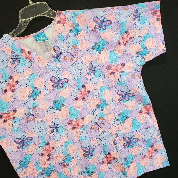 Scrub H.Q. Butterfly V-neck Print Scrub Top Size M - Picture 2 of 11